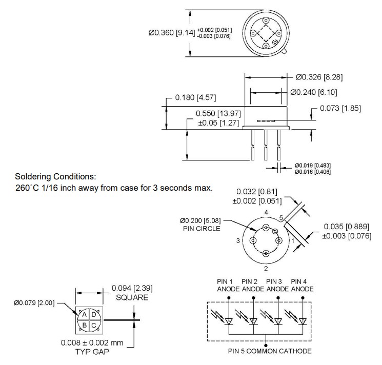 Mechanical Drawing - Advanced Photonix APX-NG0031QPD/-L InGaAs Photodiodes
